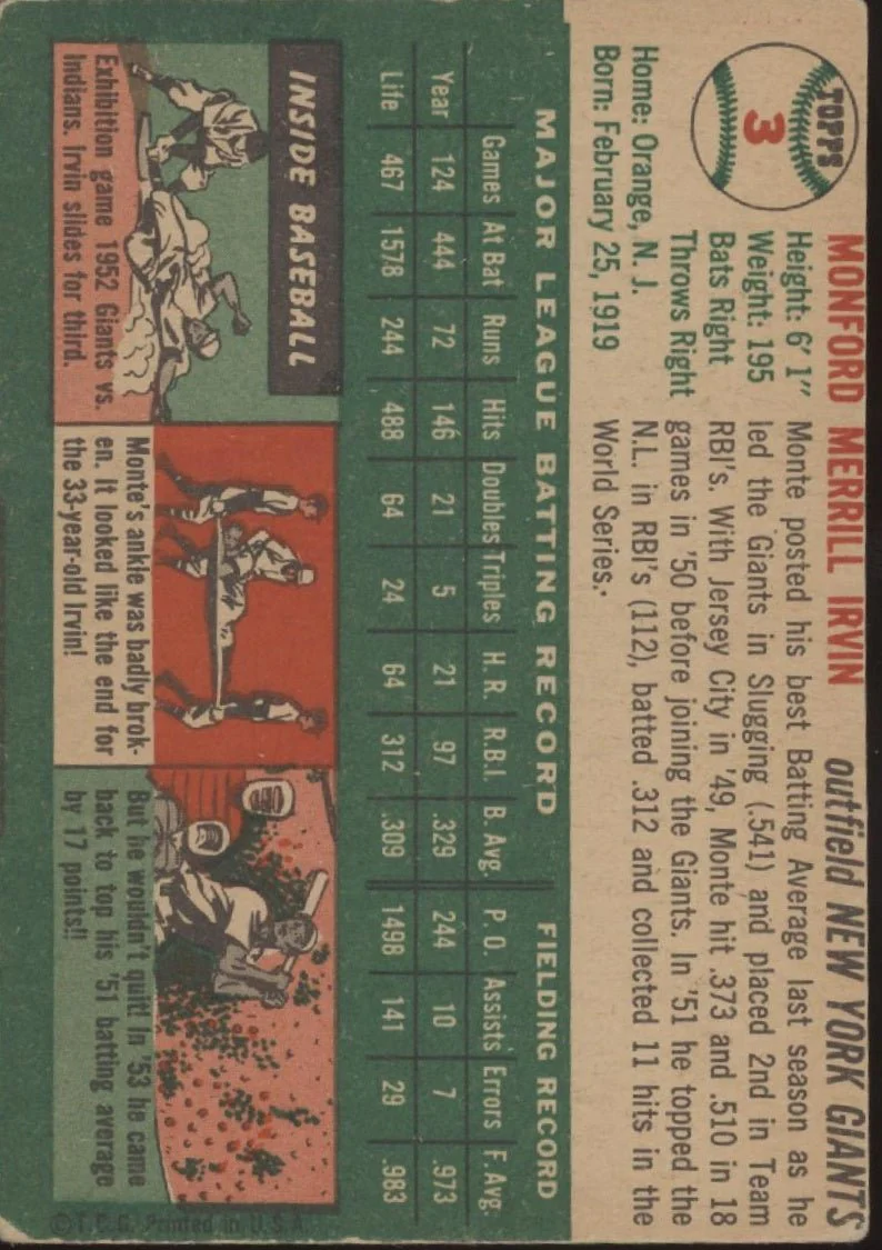 Monte Irvin 1954 Topps #3 New York Giants VG #1