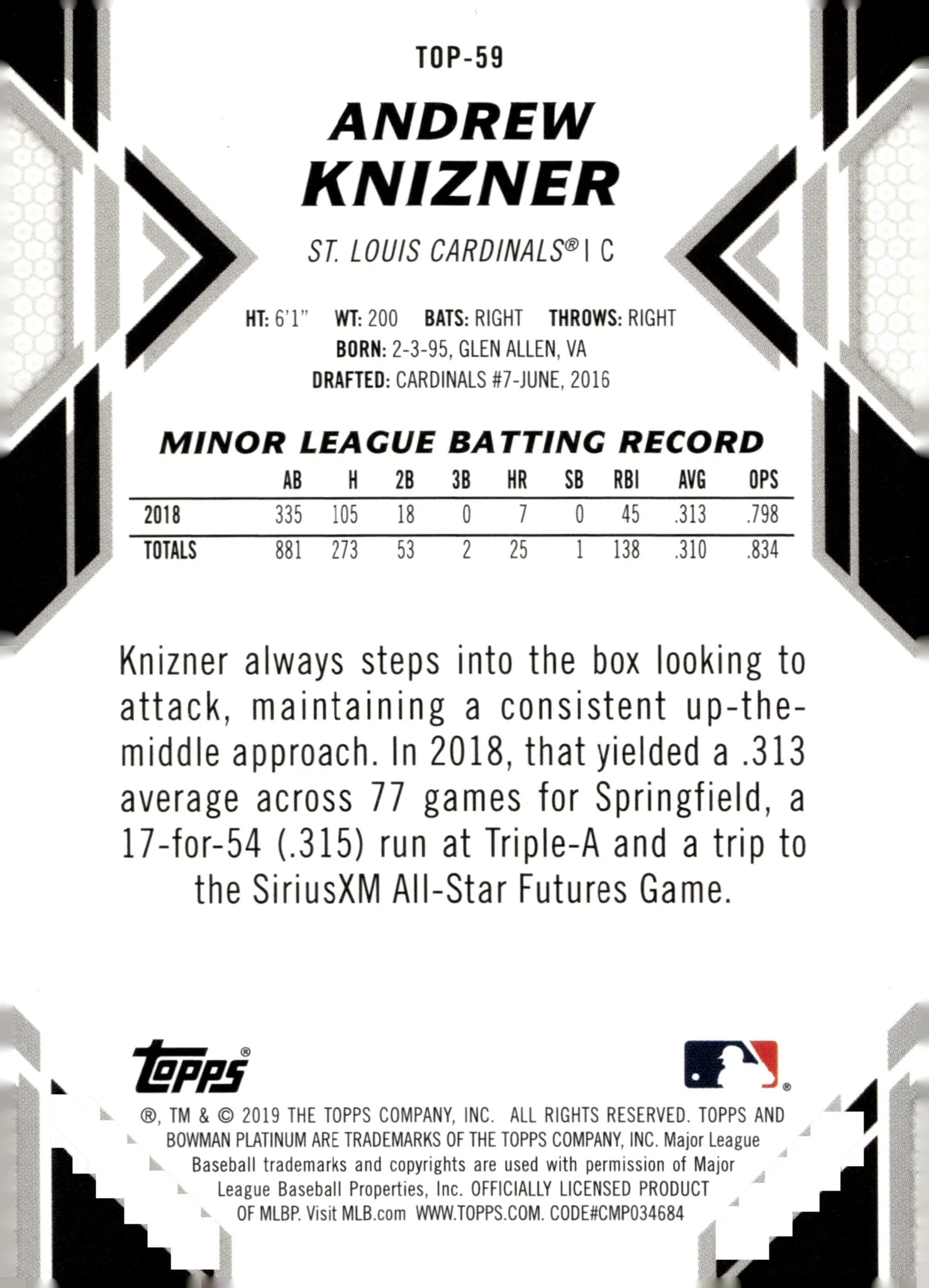 Andrew Knizner 2019 Bowman Platinum Gold 32/50 #TOP-59