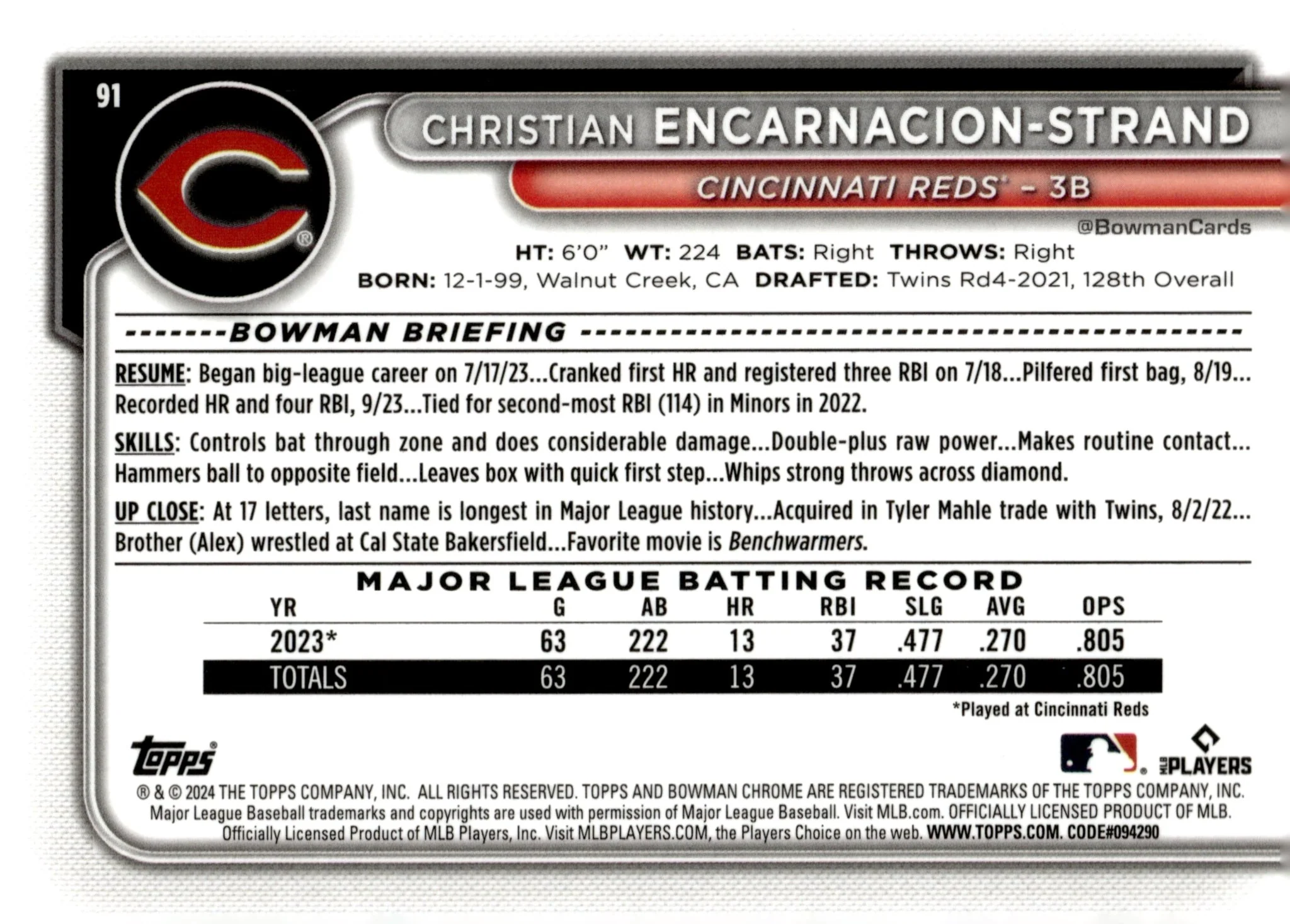 Christian Encarnacion-Strand 2024 Bowman Chrome Aqua Mojo Refractor RC 141/299