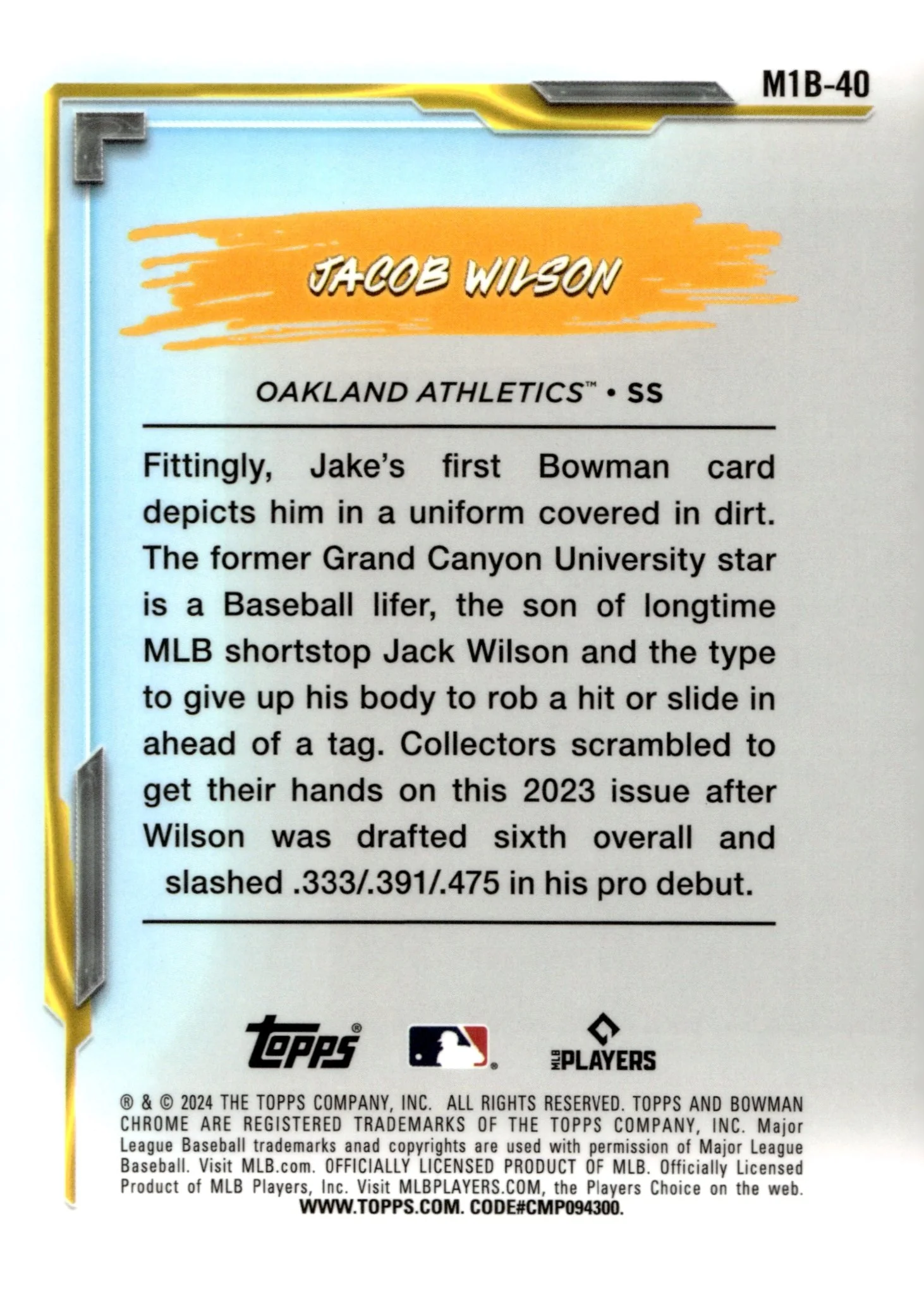 Jacob Wilson 2024 Bowman Chrome My 1st Bowman Mojo Refractor #M1B-40 #1