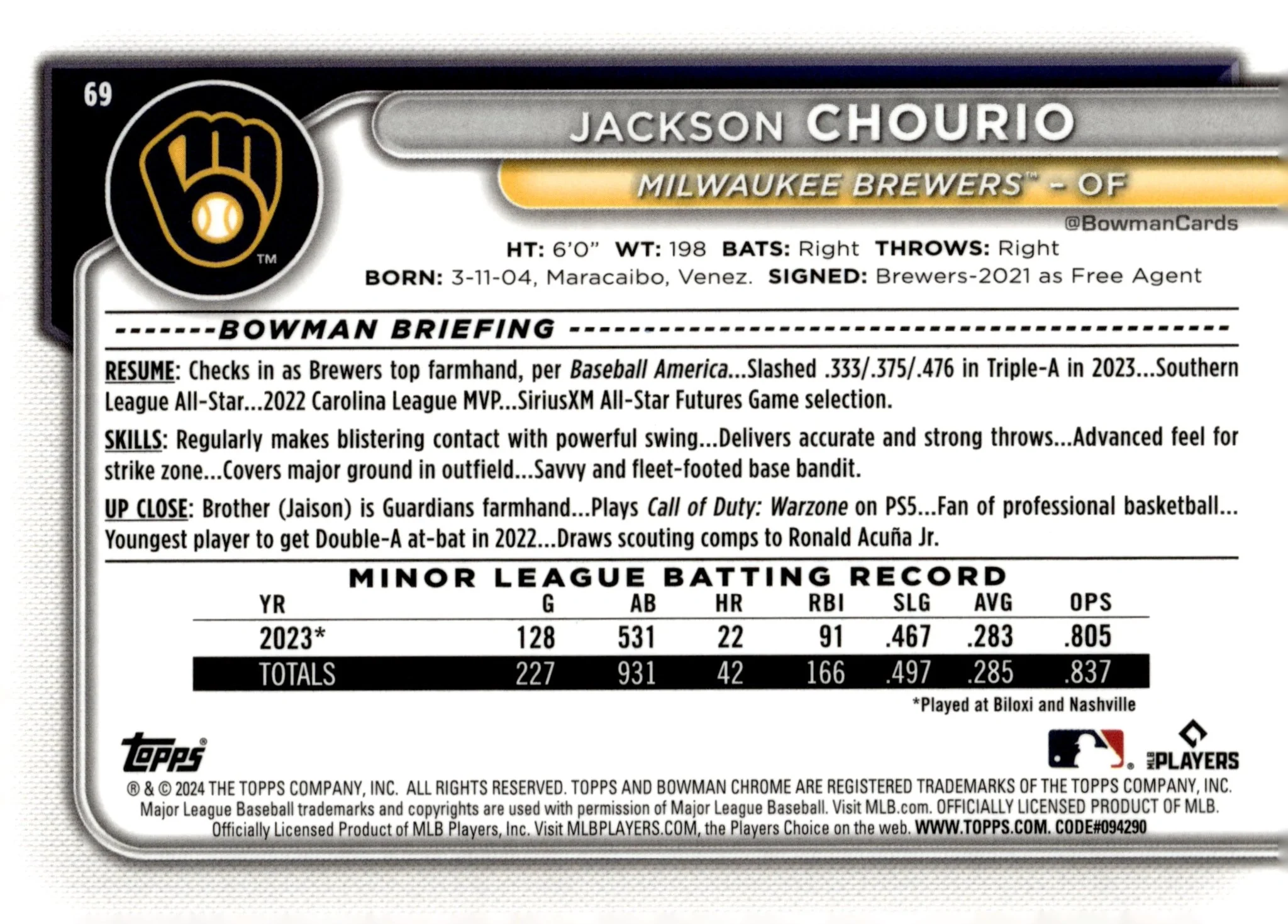 Jackson Chourio 2024 Bowman Chrome Mojo Refractor RC #69 #2