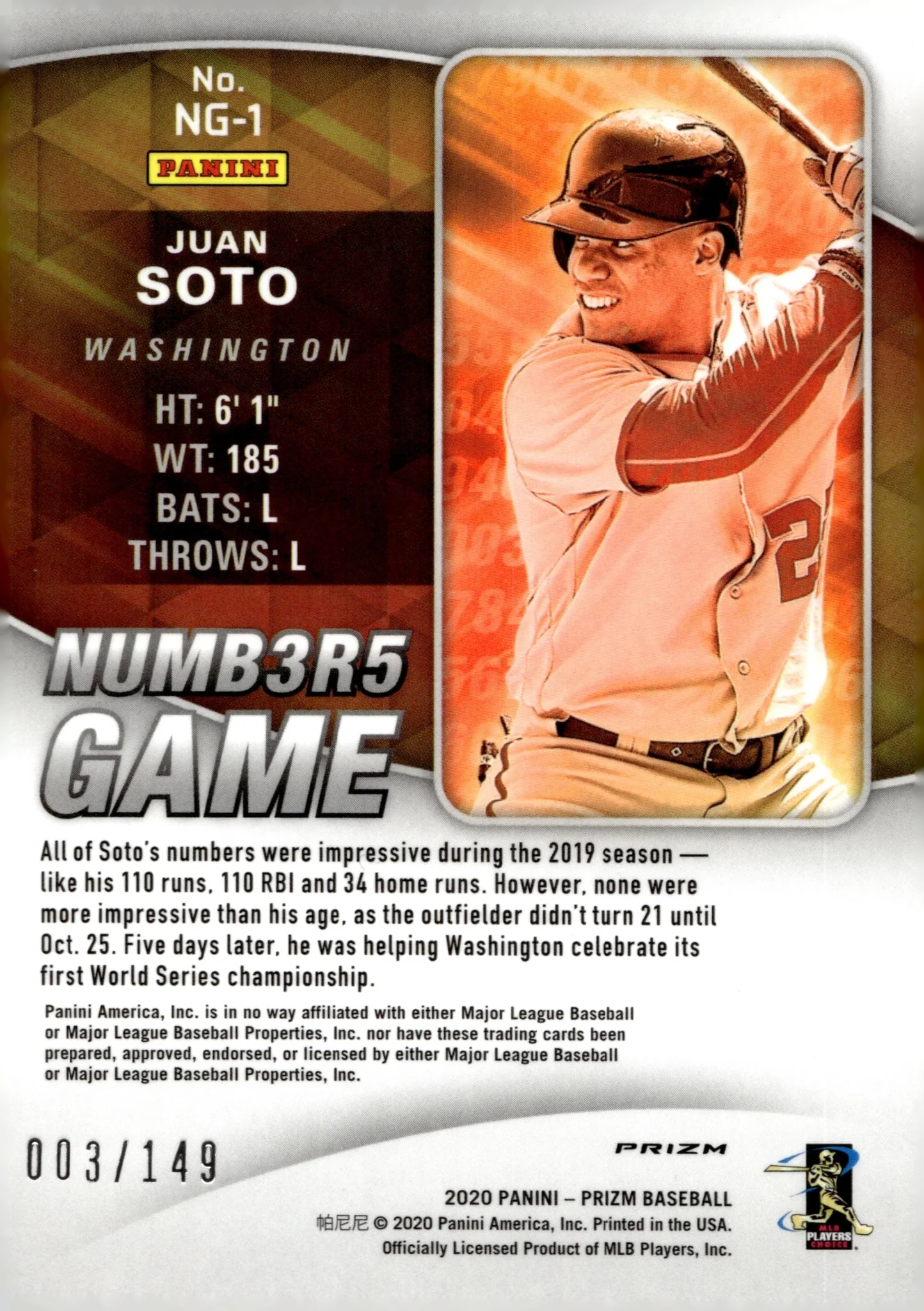 Juan Soto 2020 Panini Prizm Numb3r5 Game Red Disco Prizm 003/149 #NG-1