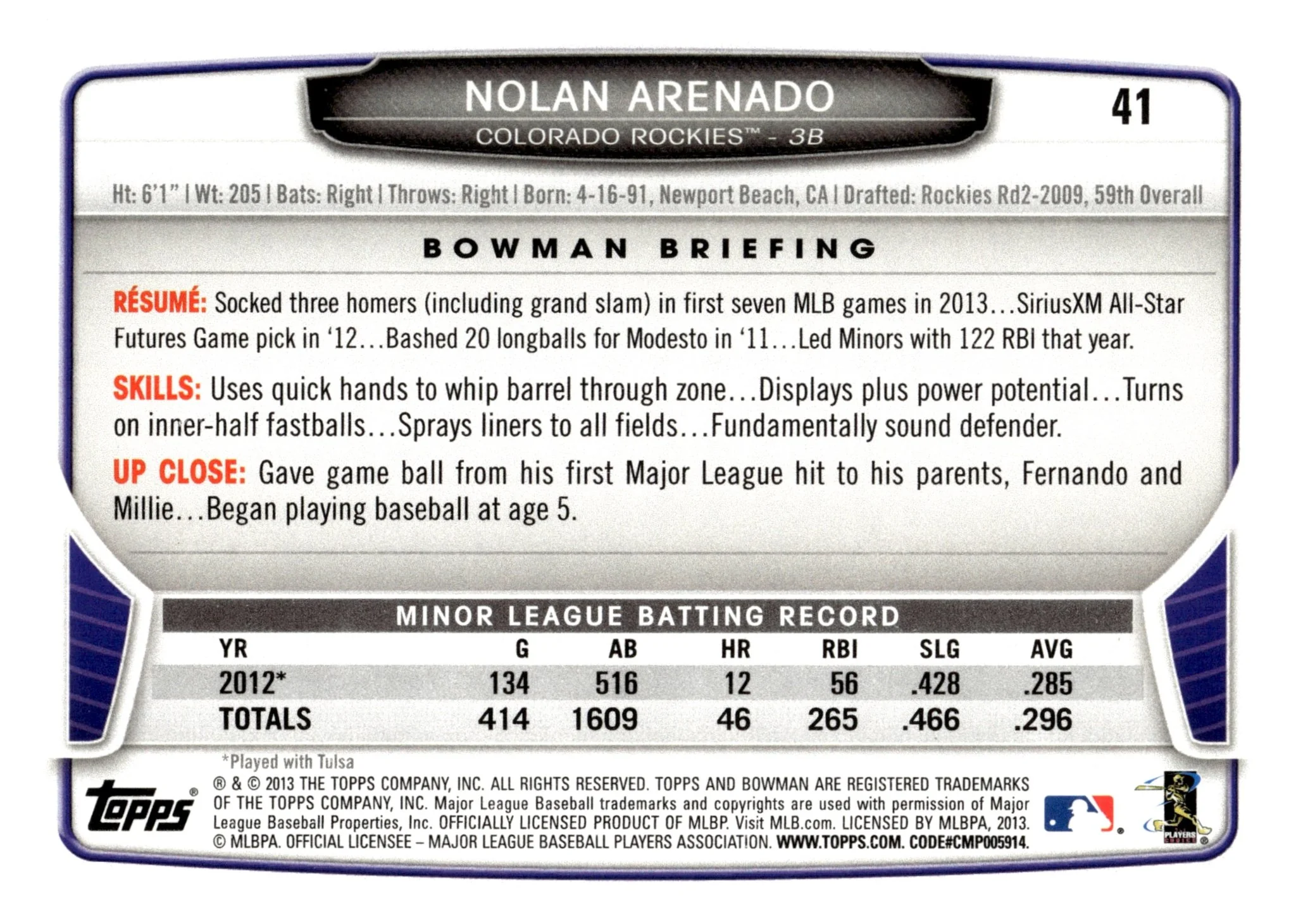 Nolan Arenado 2013 Bowman RC #41