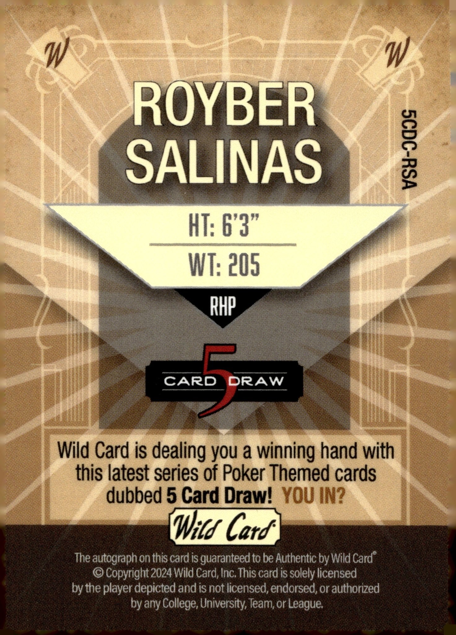 470-royber-salinas-2024-wild-card-5-card-draw-green-auto-3-3-5cdc-rsa-2.jpg Royber Salinas 2024 Wild Card 5 Card Draw Green Auto 3/3 #5CDC-RSA