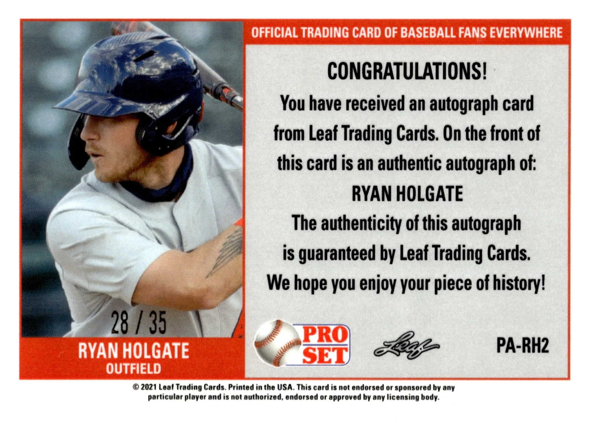 Ryan Holgate 2021 Leaf Pro Set Blue Refractor RC Auto 28/35 #PA-RH2