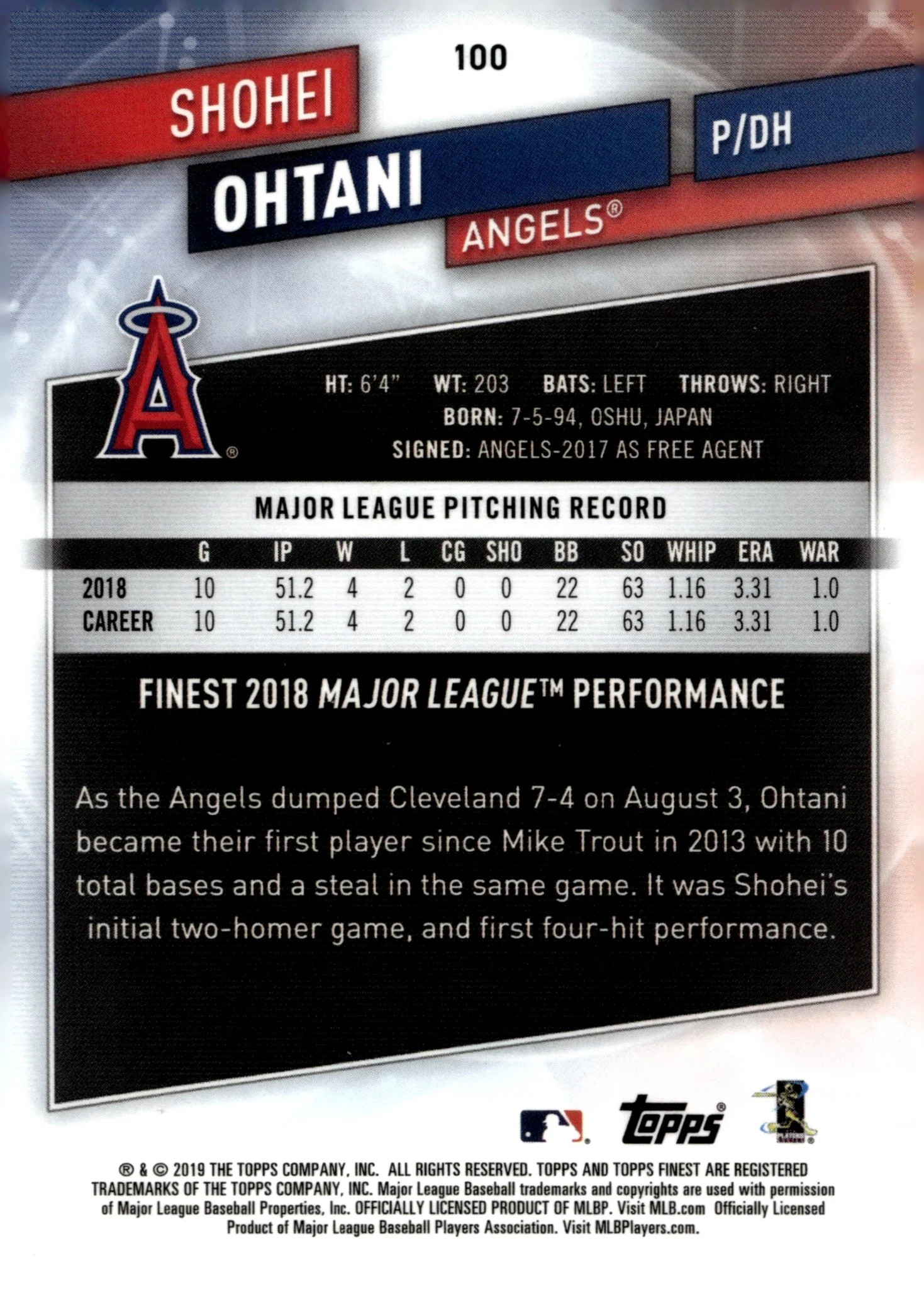 Shohei Ohtani 2019 Topps Finest #100