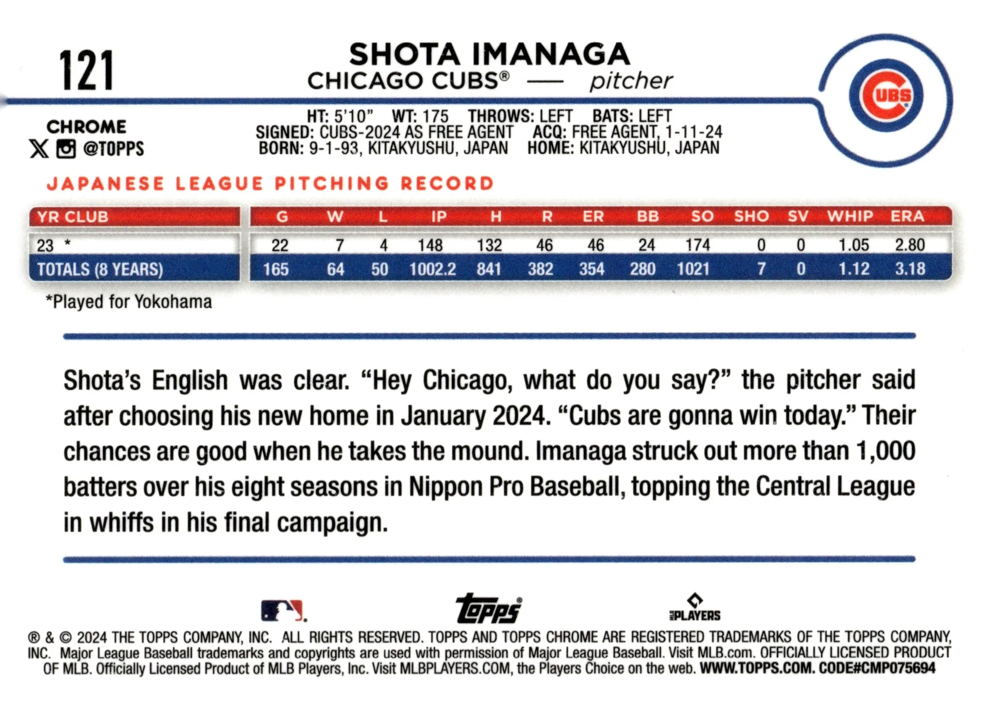 Shota Imanaga 2024 Topps Chrome Prism Refractor RC #121