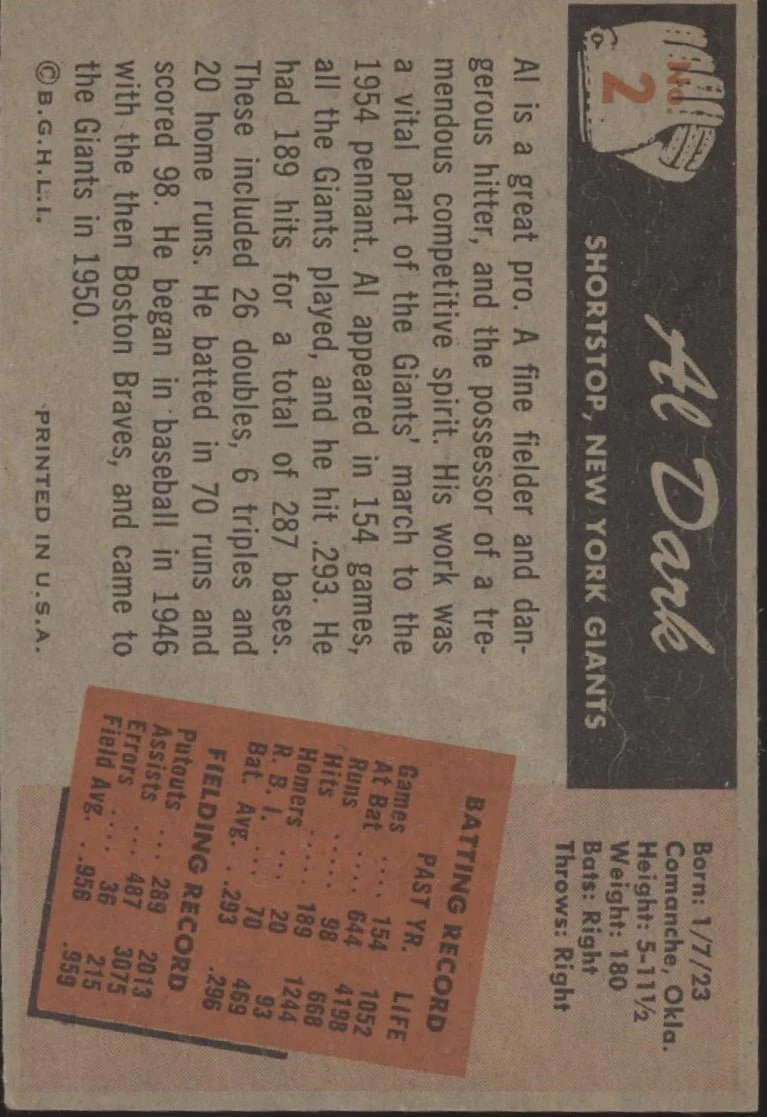 479-al-dark-1955-bowman-2-new-york-giants-ex-2.webp Al Dark 1955 Bowman #2 New York Giants EX