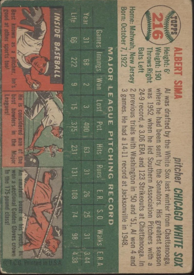 Al Sima 1954 Topps #216 Chicago White Sox VG
