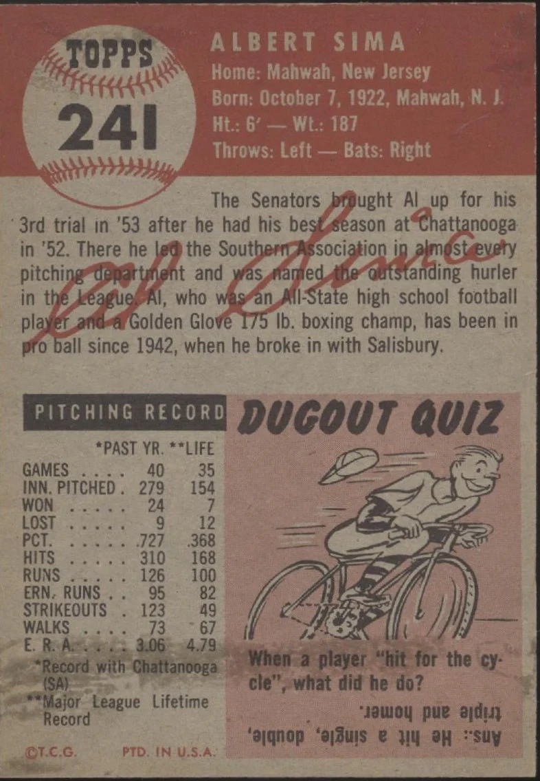 Al Sima 1953 Topps #241 Washington Senators VG