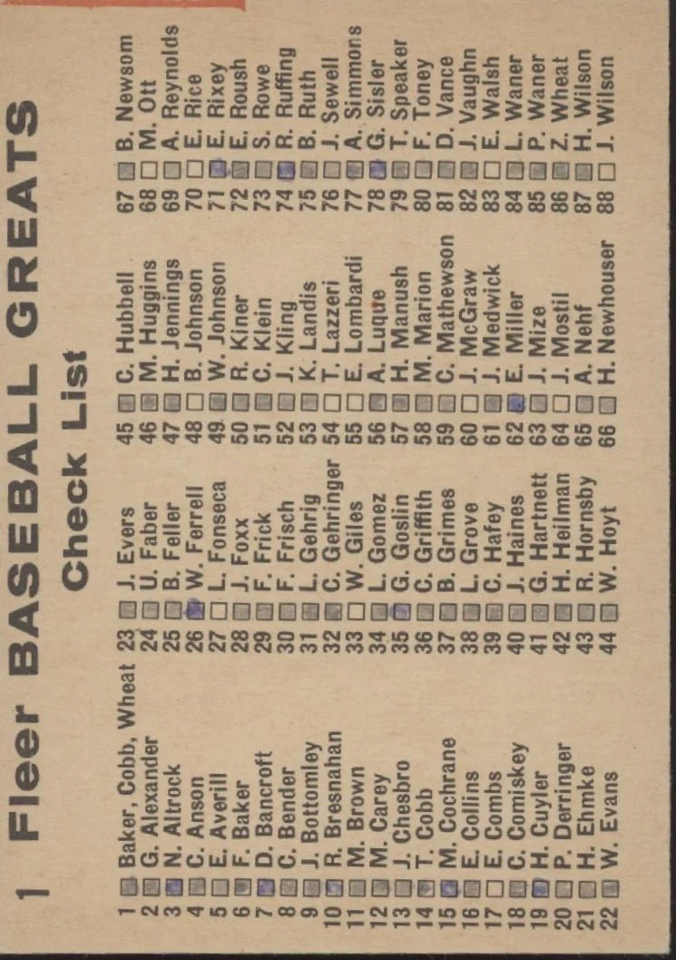 Baker / Cobb / Wheat 1961 Fleer Baseball Greats #1 VG-EX
