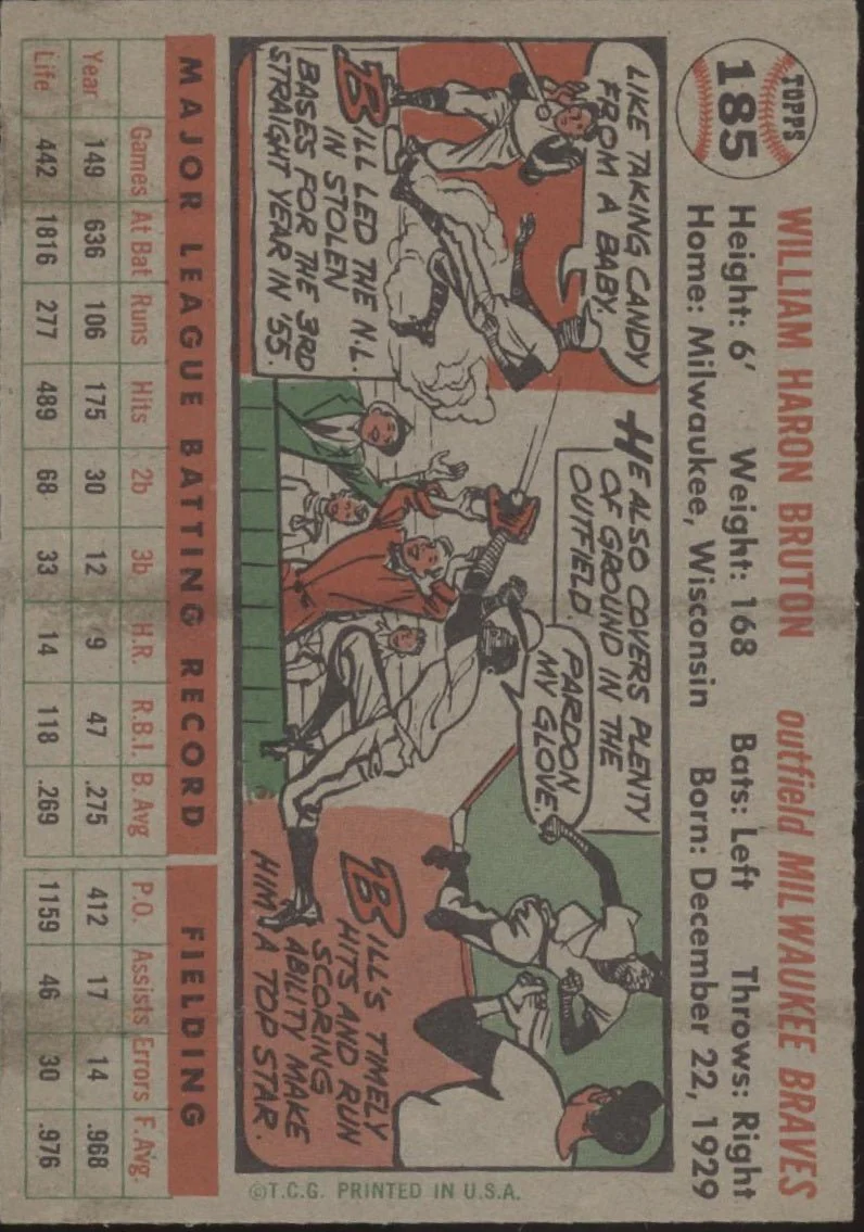 Bill Bruton 1956 Topps #185 Milwaukee Braves EX #2