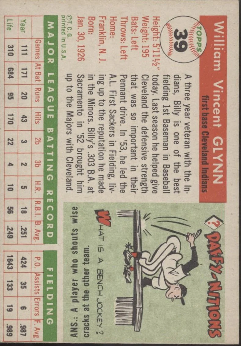 Bill Glynn 1955 Topps #39 Cleveland Indians EX