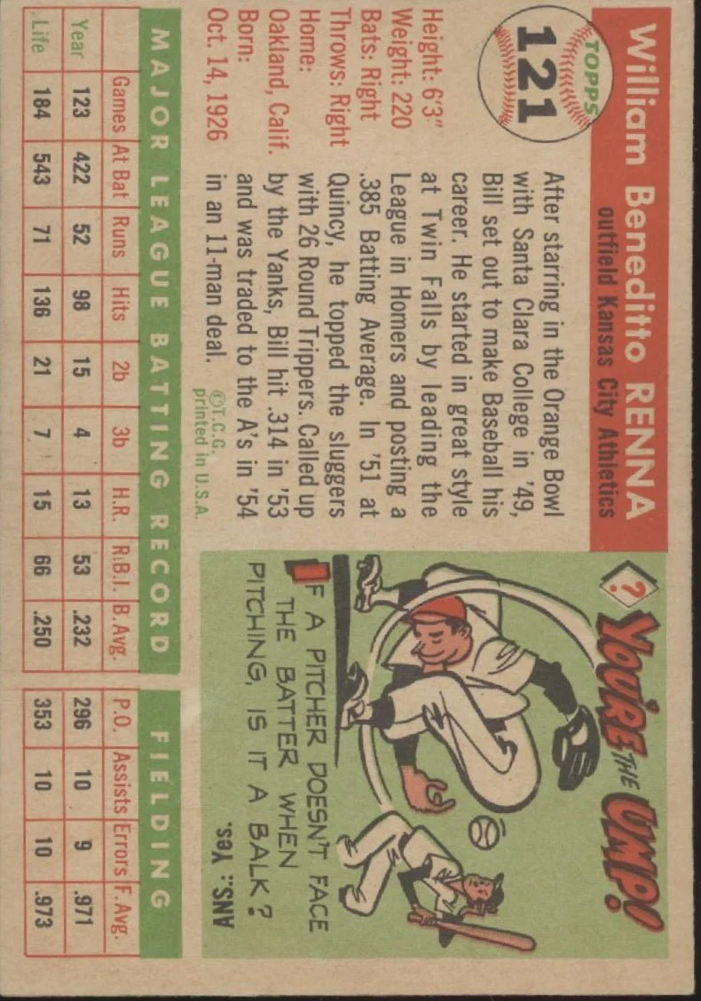 Bill Renna 1955 Topps #121 Kansas City Athletics EX