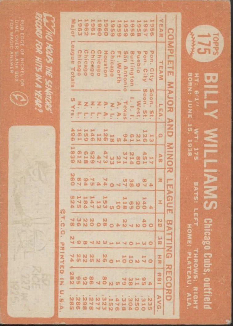 Billy Williams 1964 Topps #175 Chicago Cubs VG-EX