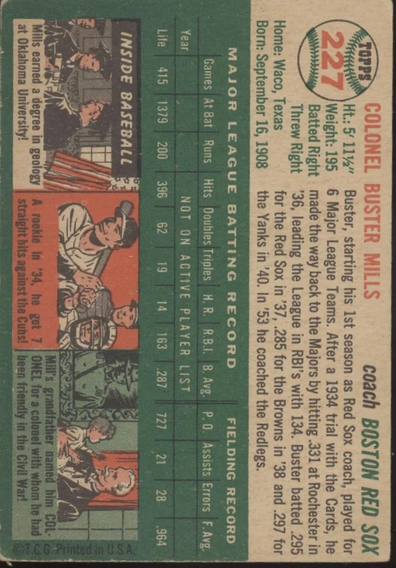 Buster Mills 1954 Topps RC #227 Boston Red Sox VG