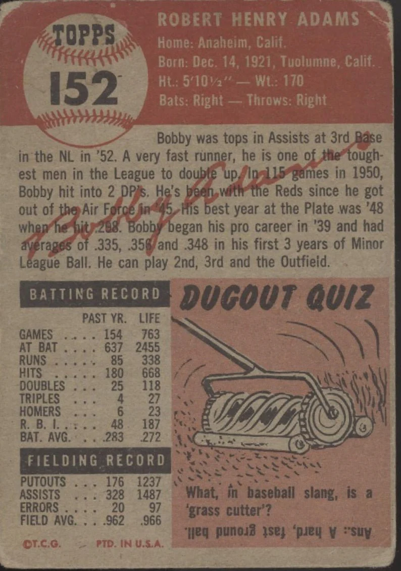Bob Adams 1953 Topps #152 Cincinnati Reds GD