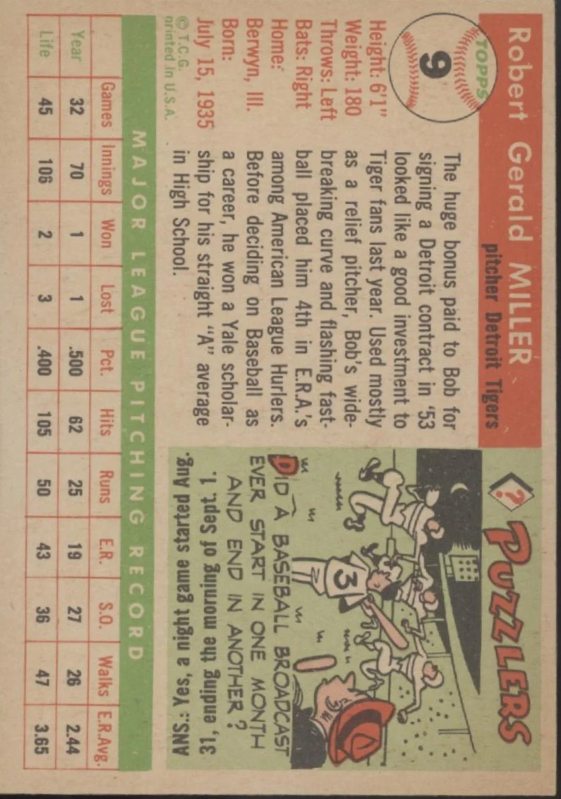Bob Miller 1955 Topps #9 Detroit Tigers VG