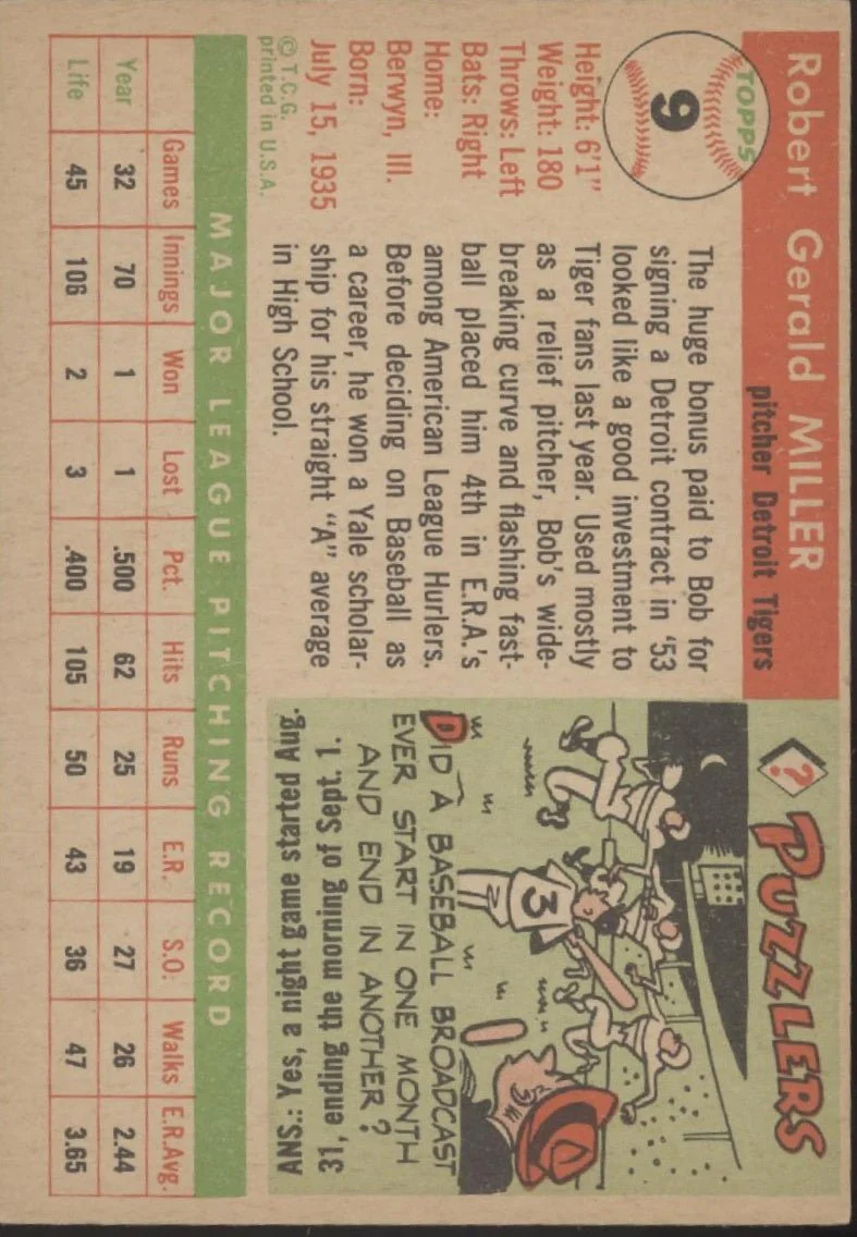 503-bob-miller-1955-topps-9-detroit-tigers-ex-2.webp Bob Miller 1955 Topps #9 Detroit Tigers EX