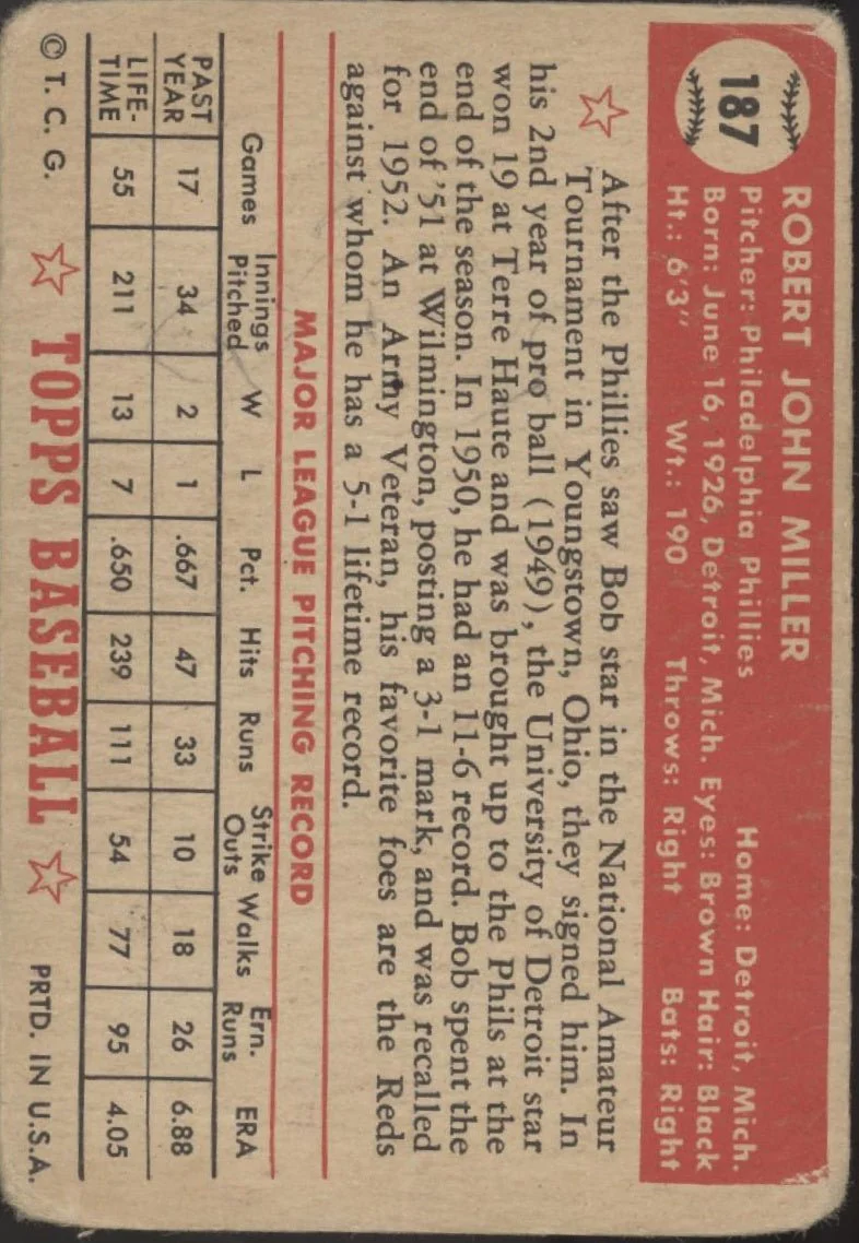 Bob Miller 1952 Topps #187 Philadelphia Phillies PR