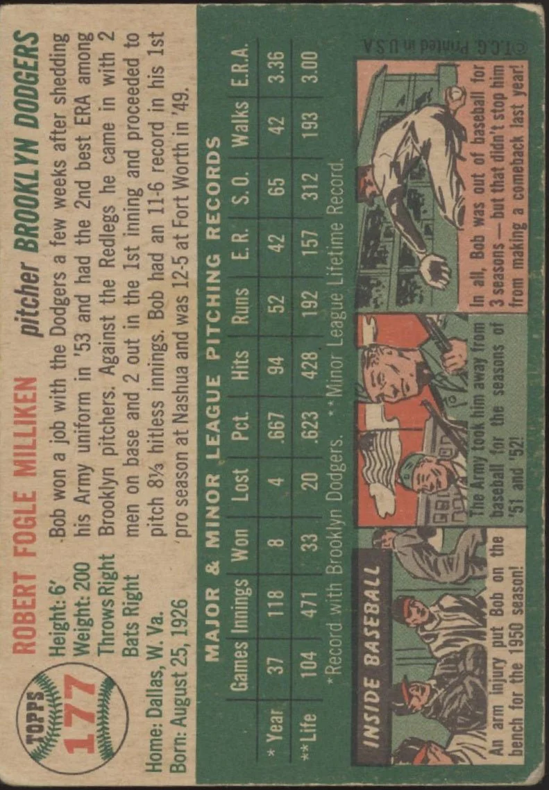 Bob Milliken 1954 Topps #177 Brooklyn Dodgers VG