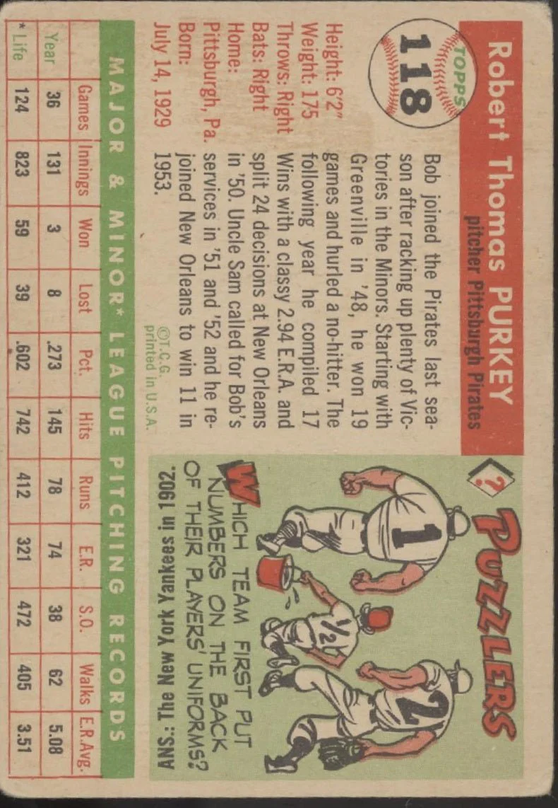 Bob Purkey 1955 Topps #118 Pittsburgh Pirates VG