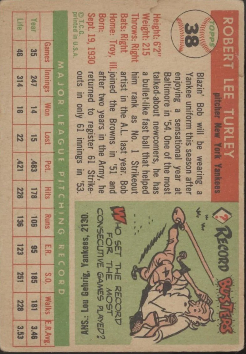 Bob Turley 1955 Topps #38 New York Yankees VG