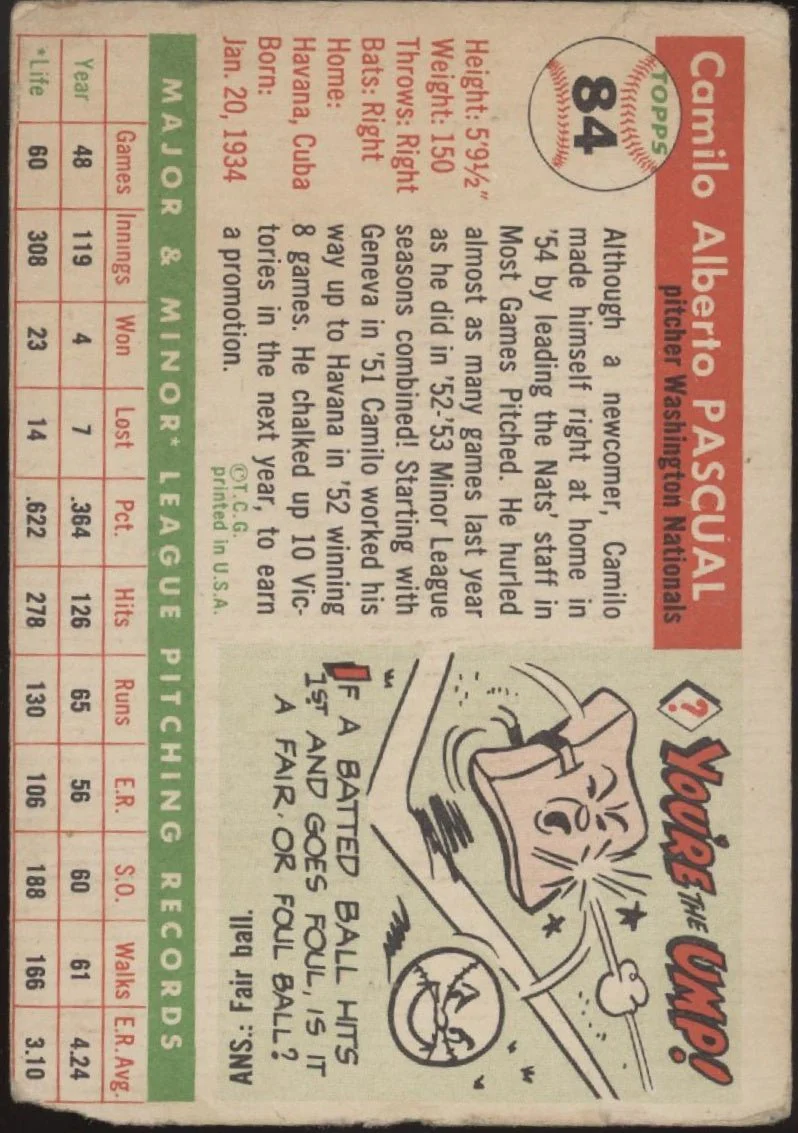 Camilo Pascual 1955 Topps RC #84 Washington Senators GD