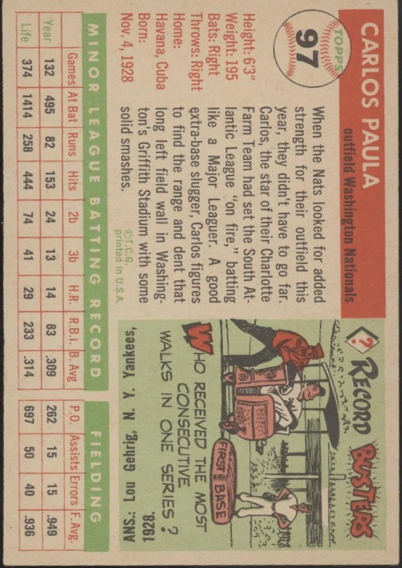 Carlos Paula 1955 Topps #97 Washington Senators EX #1