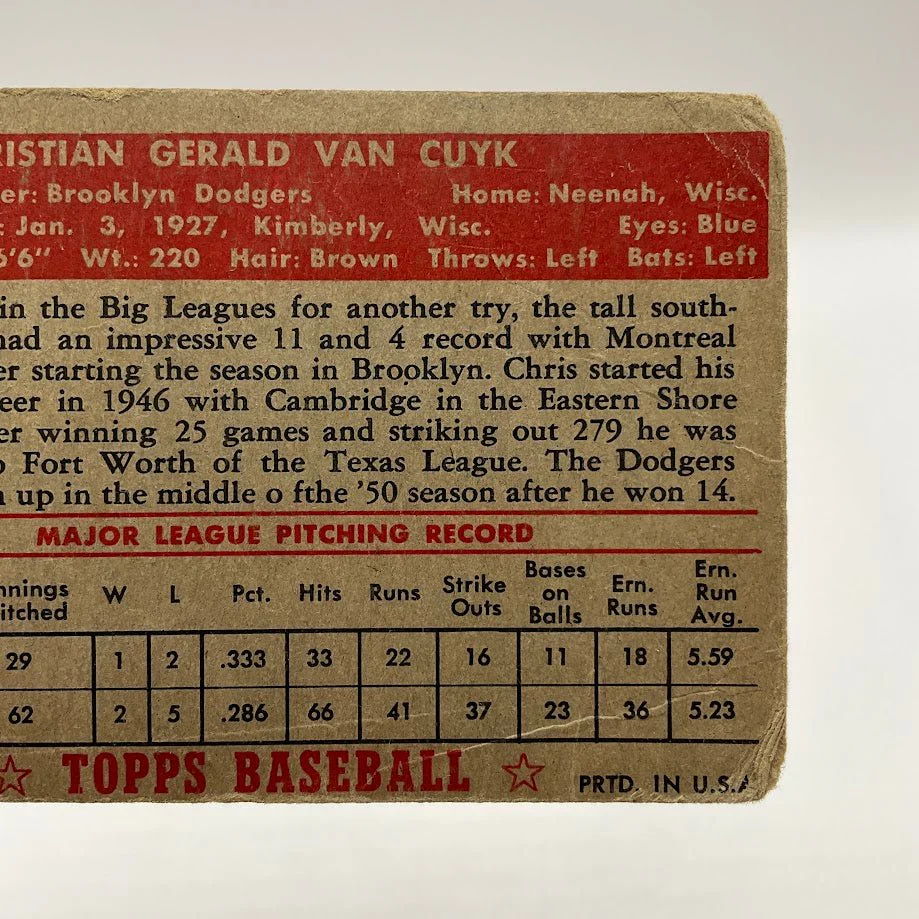Chris Van Cuyk 1952 Topps RC #53 Brooklyn Dodgers PR #4