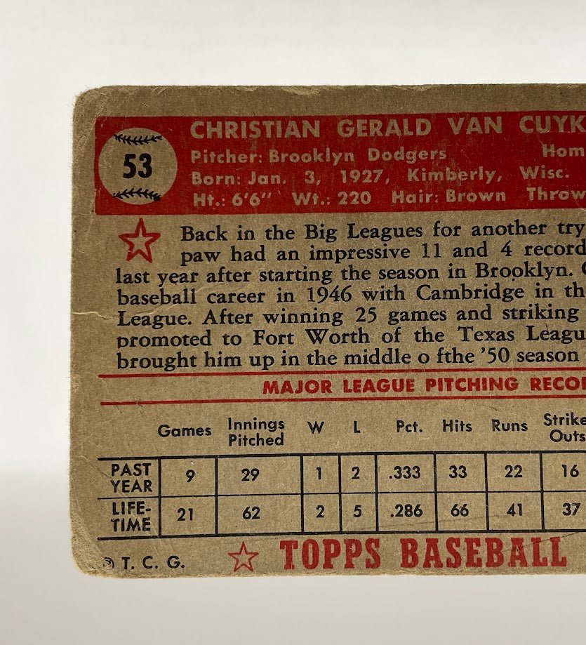 Chris Van Cuyk 1952 Topps RC #53 Brooklyn Dodgers PR #4