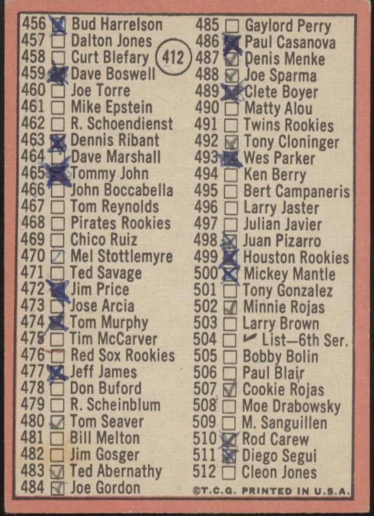 Checklist 1969 Mickey Mantle Topps Baseball 5th Series (426-512) #412 VG #2