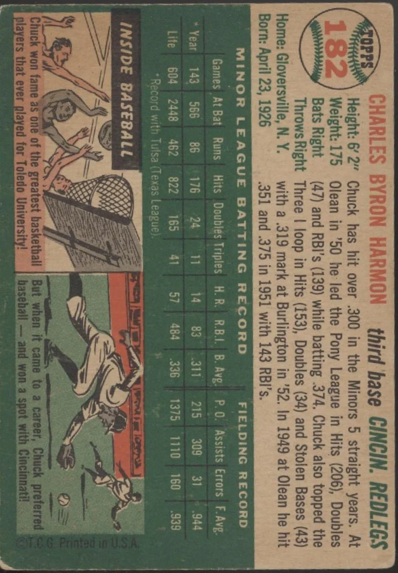 Chuck Harmon 1954 Topps RC #182 Cincinnati Redlegs VG