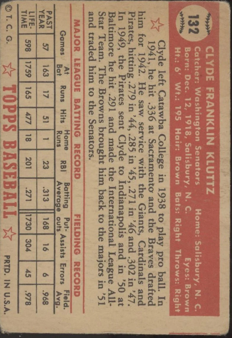 Clyde Kluttz 1952 Topps RC #132 Washington Senators GD