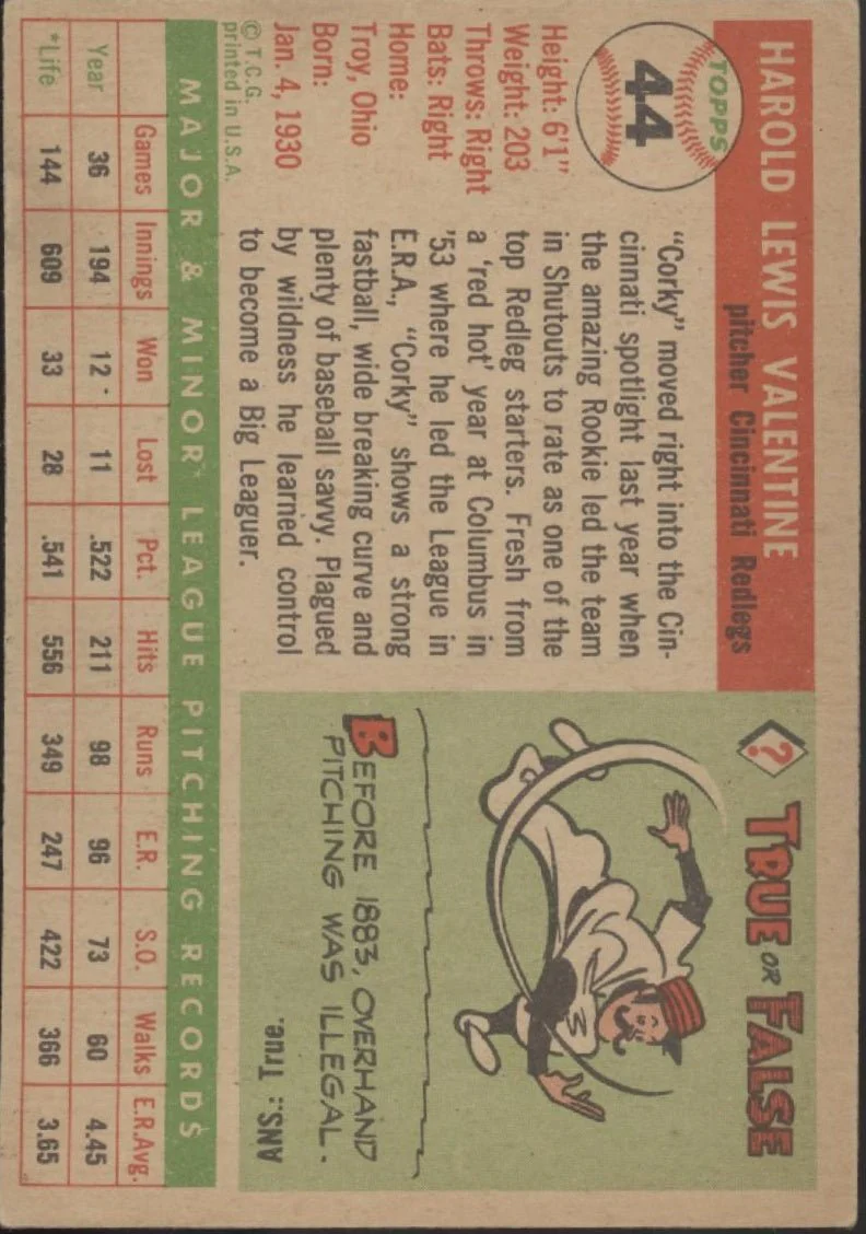 Corky Valentine 1955 Topps #44 Cincinnati Redlegs EX #1