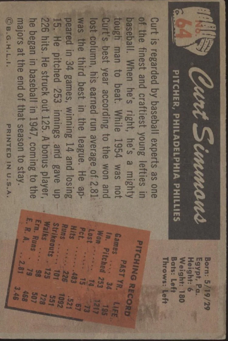 Curt Simmons 1955 Bowman #64 Philadelphia Phillies VG #3