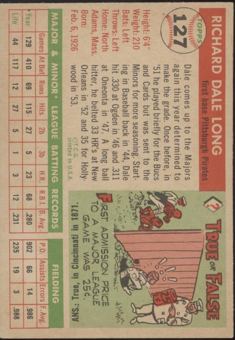 Dale Long 1955 Topps RC #127 Pittsburgh Pirates EX #3