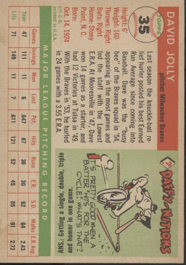 Dave Jolly 1955 Topps #35 Milwaukee Braves EX