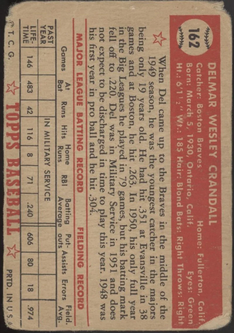 Del Crandall 1952 Topps #162 Boston Braves PR