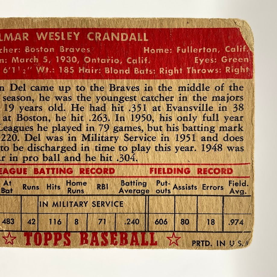 Del Crandall 1952 Topps #162 Boston Braves PR