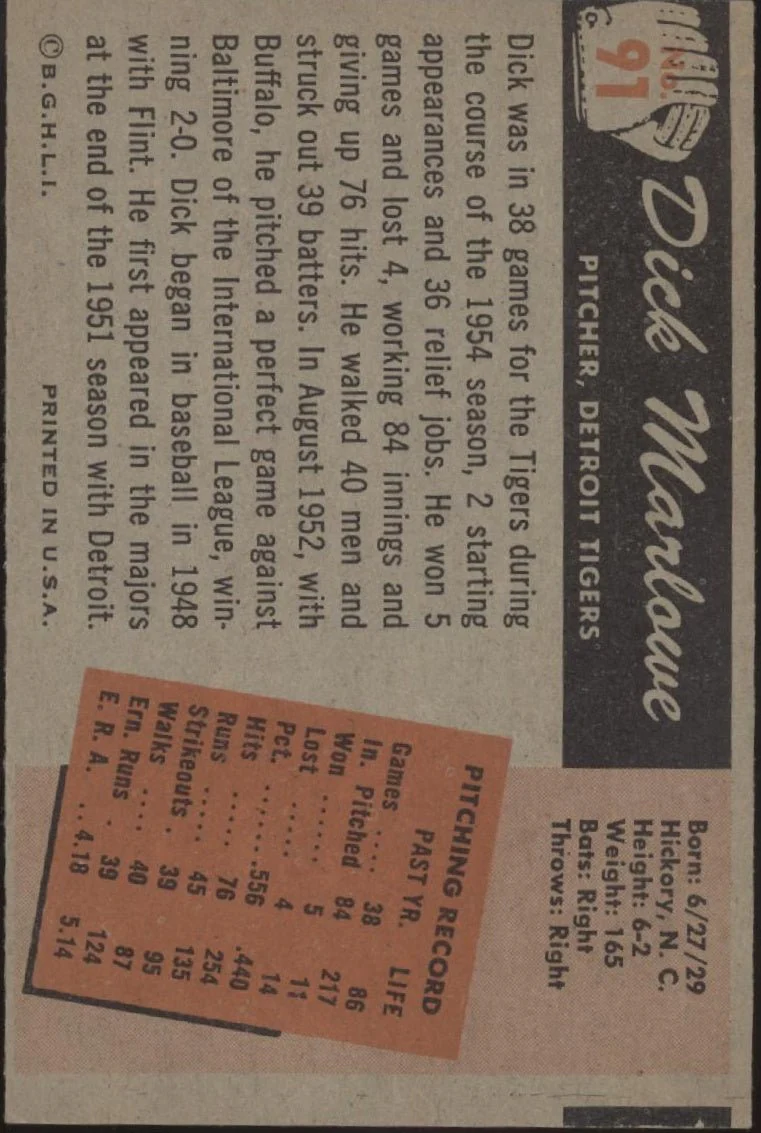 Dick Marlowe 1955 Bowman #91 Detroit Tigers EX