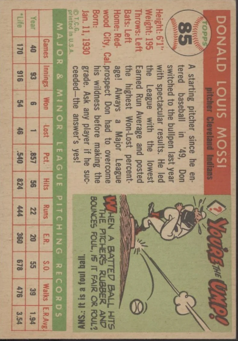 Don Mossi 1955 Topps RC #85 Cleveland Indians VG-EX #2