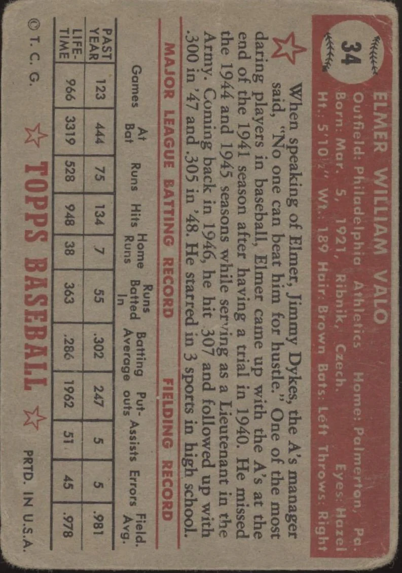 Elmer Valo 1952 Topps Philadelphia Athletics PR #3