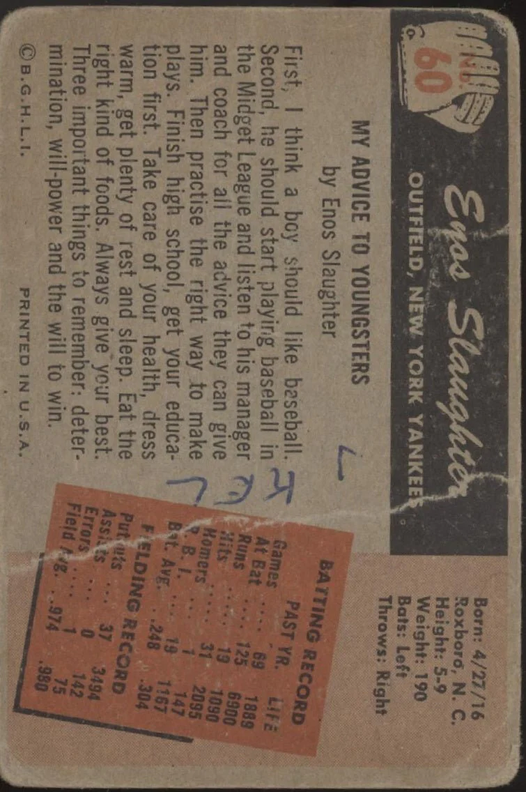 Enos Slaughter 1955 Bowman #60 New York Yankees PR