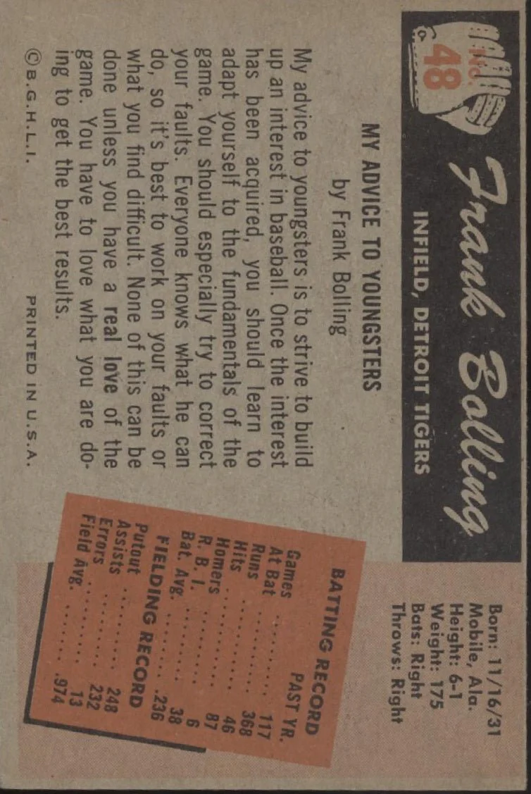 Frank Bolling 1955 Bowman #204A Detroit Tigers EX