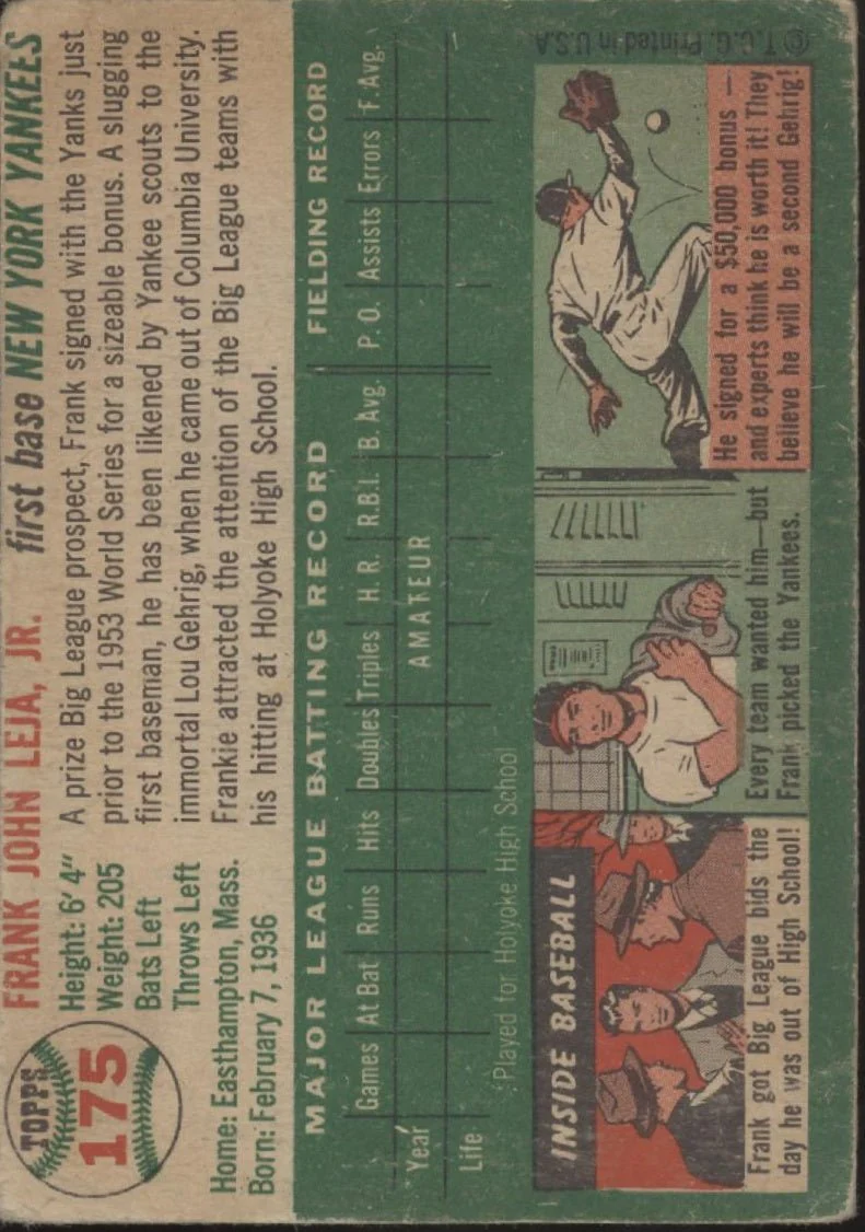 Frank Leja 1954 Topps #175 New York Yankees GD #2