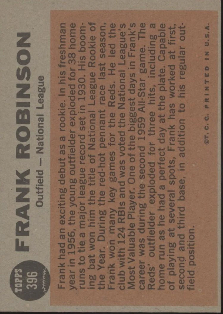 Frank Robinson 1962 Topps Sporting News #396 Cincinnati Reds VG-EX