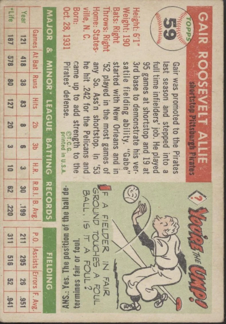 Gair Allie 1955 Topps #59 Pittsburgh Pirates VG #2