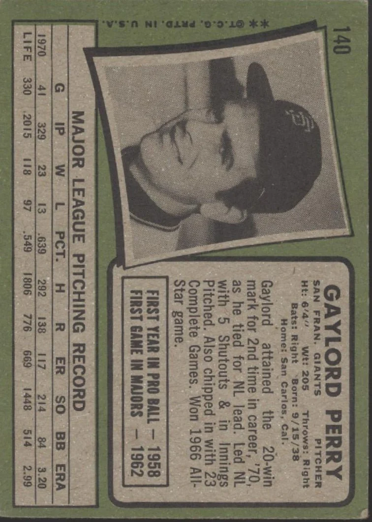 570-gaylord-perry-1971-topps-140-san-francisco-giants-vg-2.webp Gaylord Perry 1971 Topps #140 San Francisco Giants VG