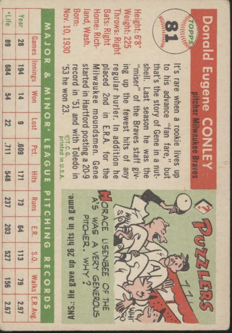 Gene Conley 1955 Topps #81 Milwaukee Braves VG #2